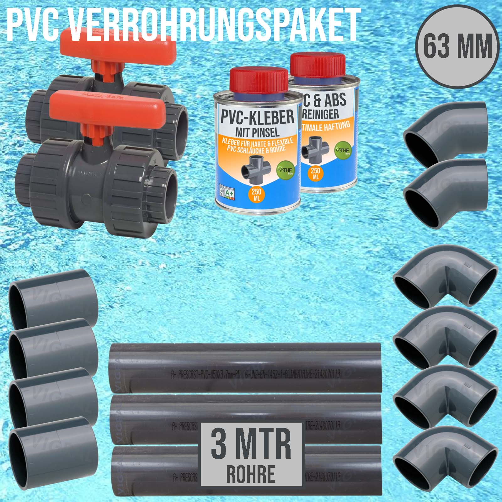 63 mm PVC Klebe Fittings Verrohrungspaket Pool Schwimmbad Schlauch Rohr FEST 3 m - rot