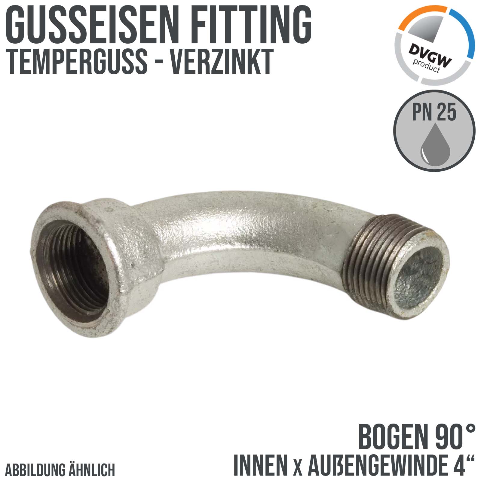 4" Gusseisen Temperguss Fitting Bogen 90° Innen x Außengewinde IG x AGDVGW PN 25 bar