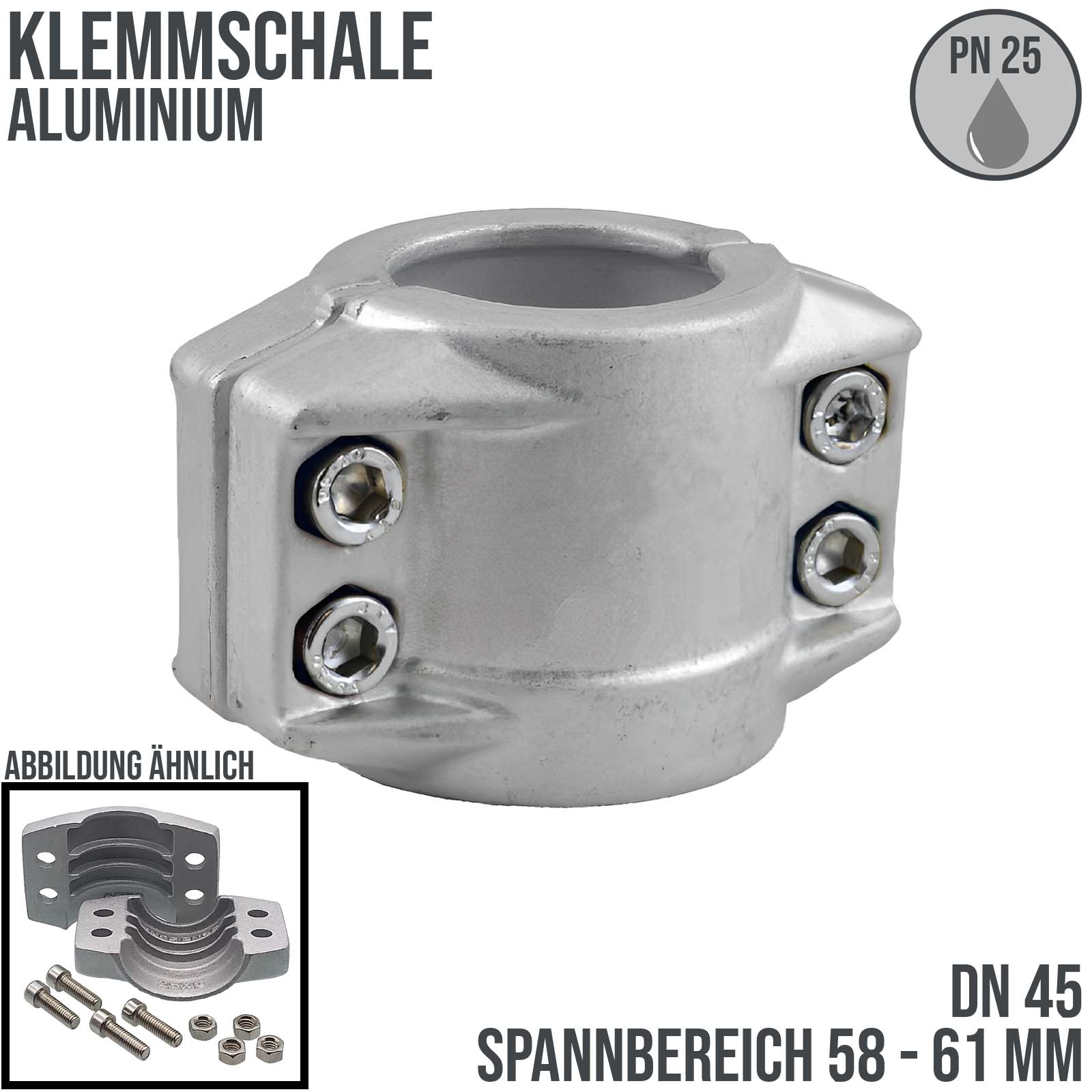 DN 45 Klemmschale Aluminium Spannbereich 58 - 61 mm für Schlauch ID x AD 45 x 59 mm - PN 25 bar