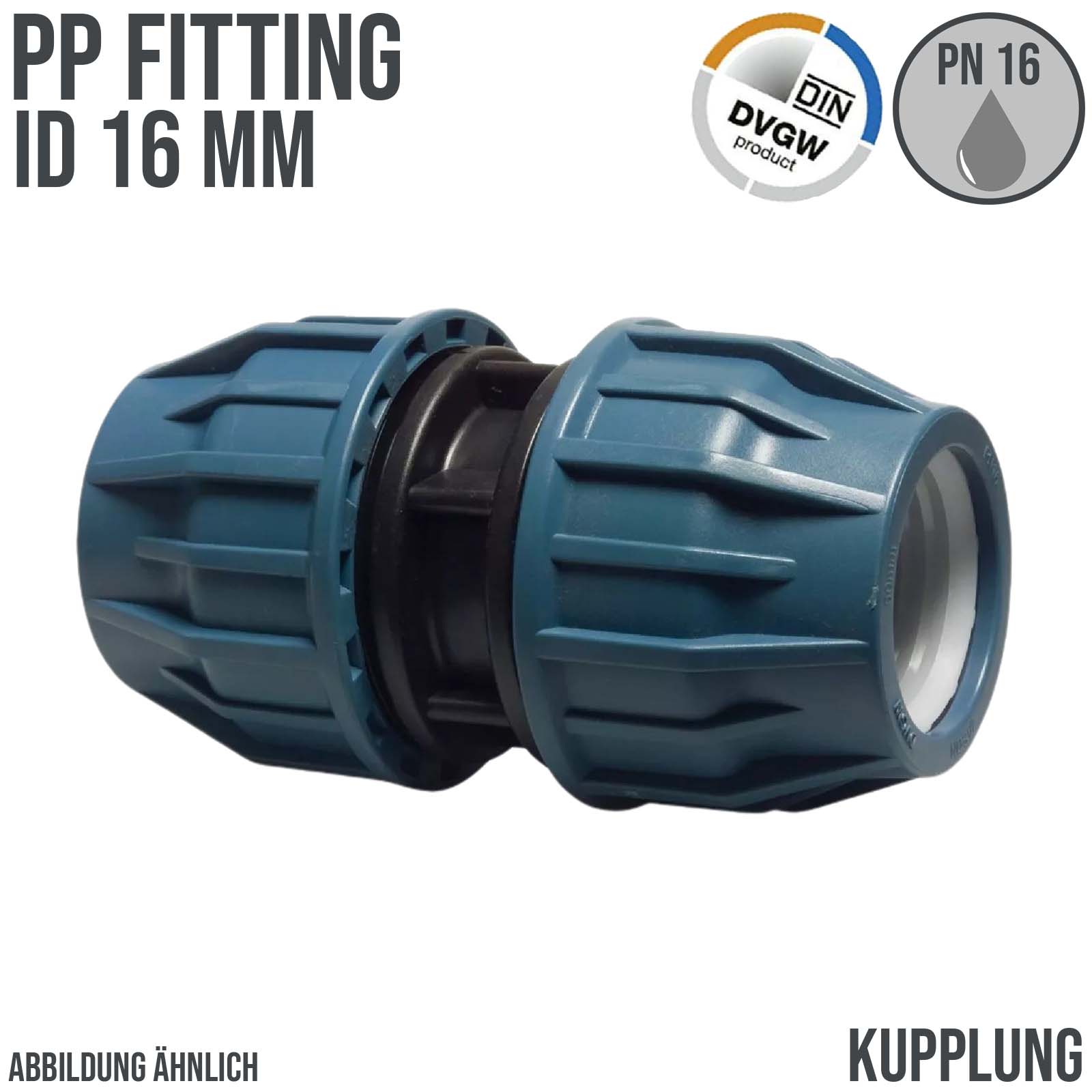 16 mm PE PP Fitting Klemm Verbinder Verschraubung Muffe Rohr Kupplung DVGW - PN 16 bar