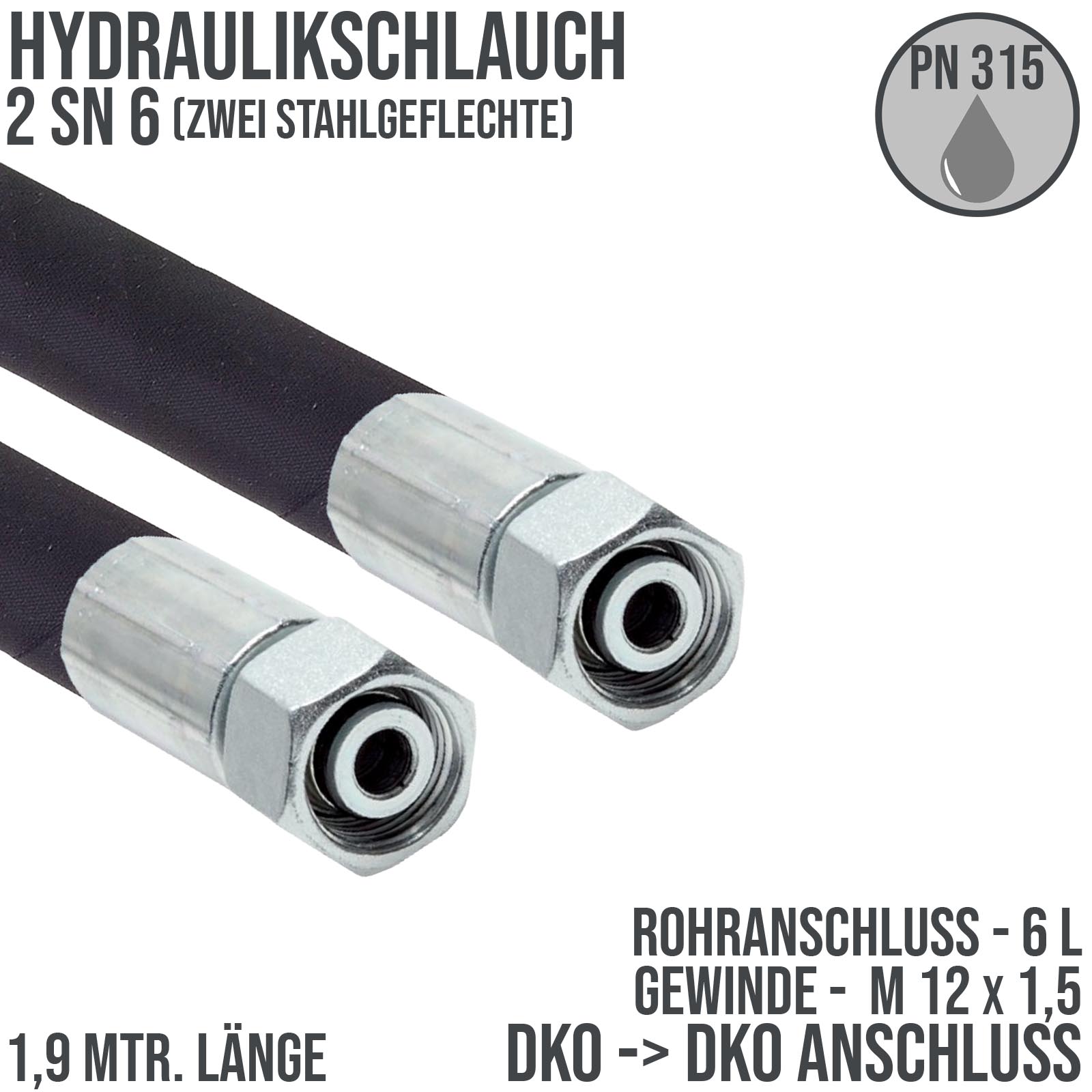 Hydraulikschlauch 2 SN 6 - 6 L DKO auf DKO Anschluss IG (M 12 x 1,5) - 1900 mm