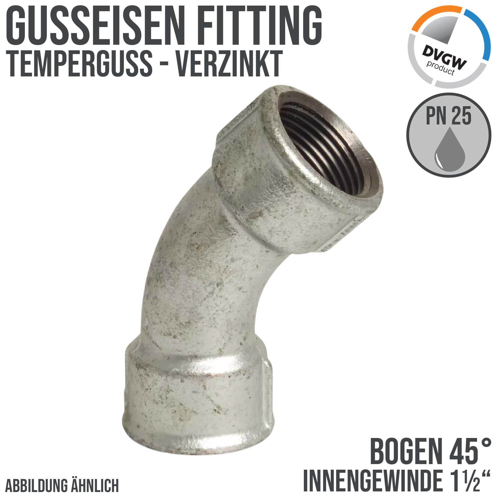 1 1/2" Gusseisen Temperguss Fitting Bogen 45° Innengewinde IG DVGW PN 25 bar