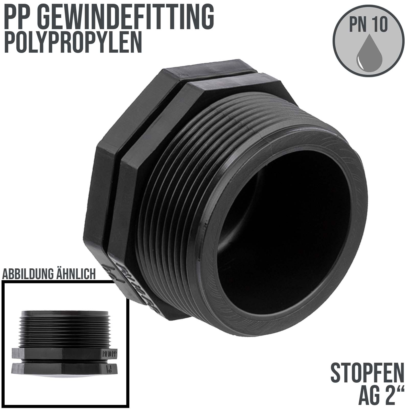 2" PP Gewinde Fitting End Stopen schwarz Außengewinde IG Polypropylen - PN 10 bar