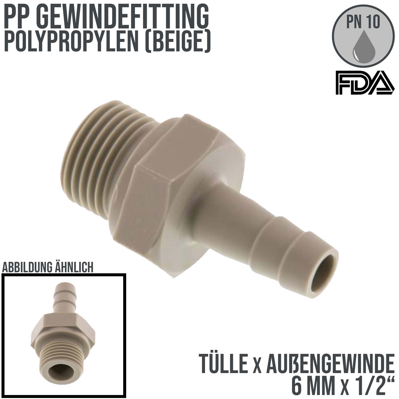 PP Gewindefitting (FDA)| Schlauchtülle x AG -  6mm x 1/2" [PN10]