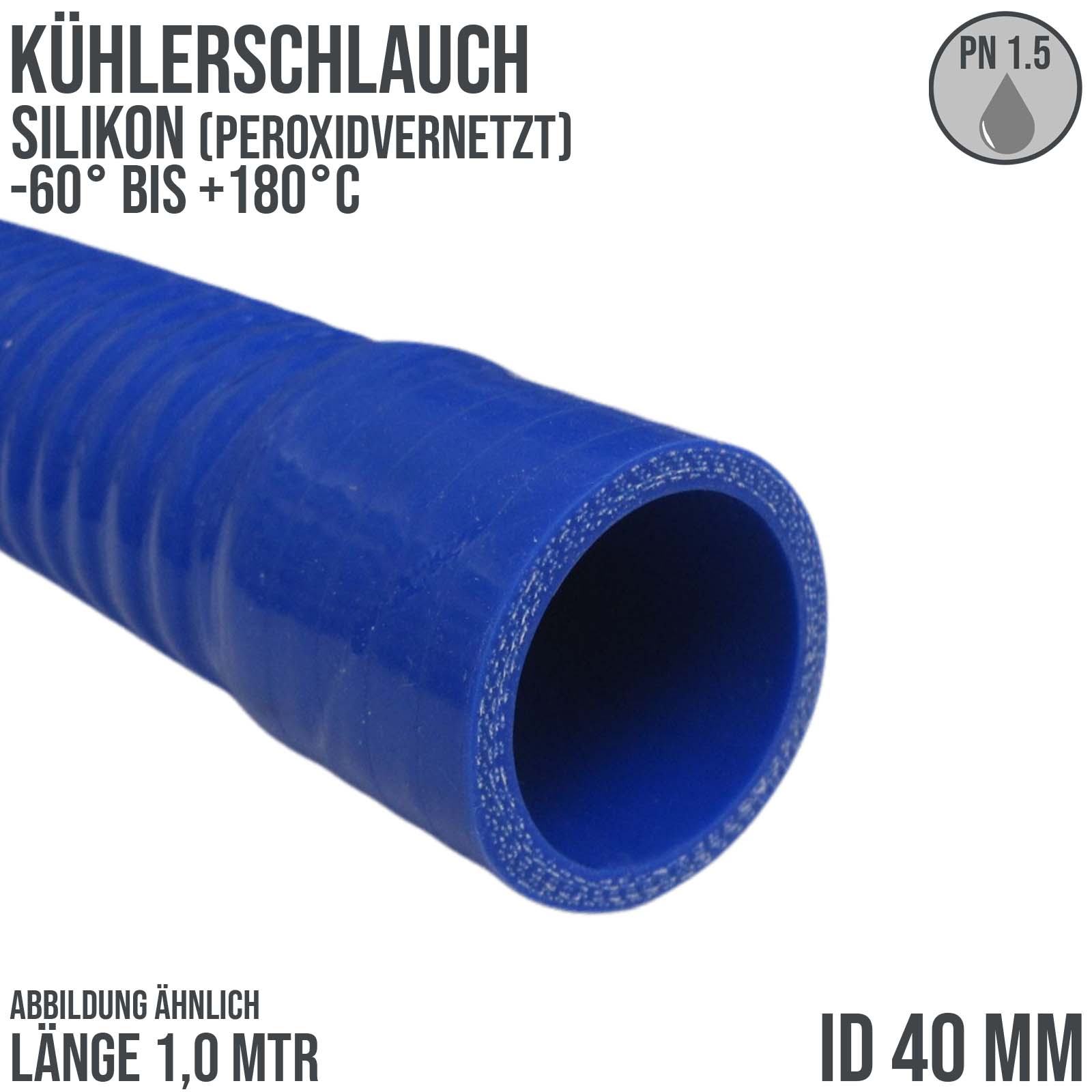 40 x 50 mm leicht flexibler Kühler Silikon LLK Ladeluft Kühlmittel Schlauch blau PN 1,5 bar - 1000 mm Länge