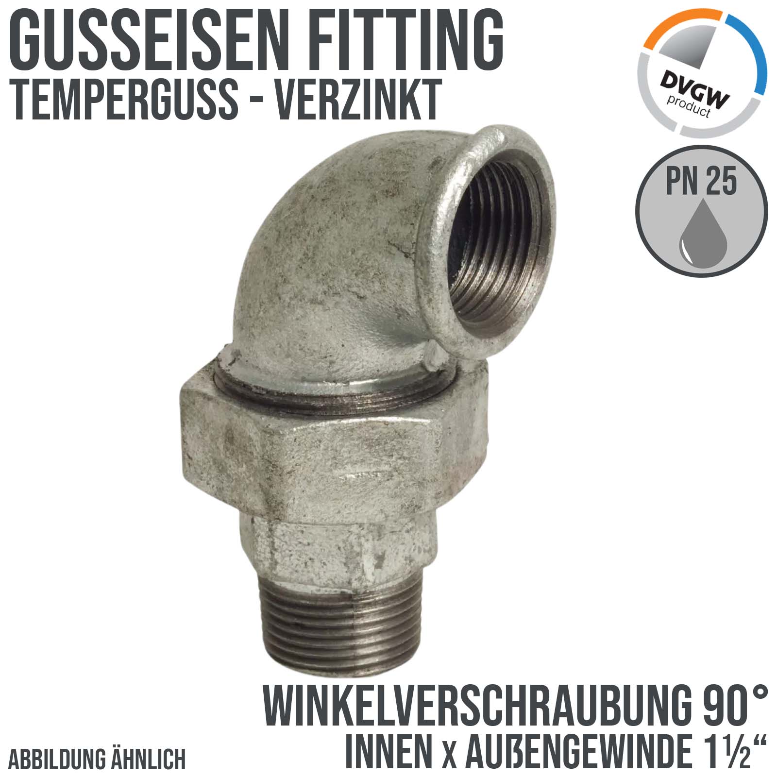 1 1/2" Gusseisen Temperguss Fitting Winkelverschraubung 90° Innen x Außengewinde IG x AG DVGW PN 25 bar