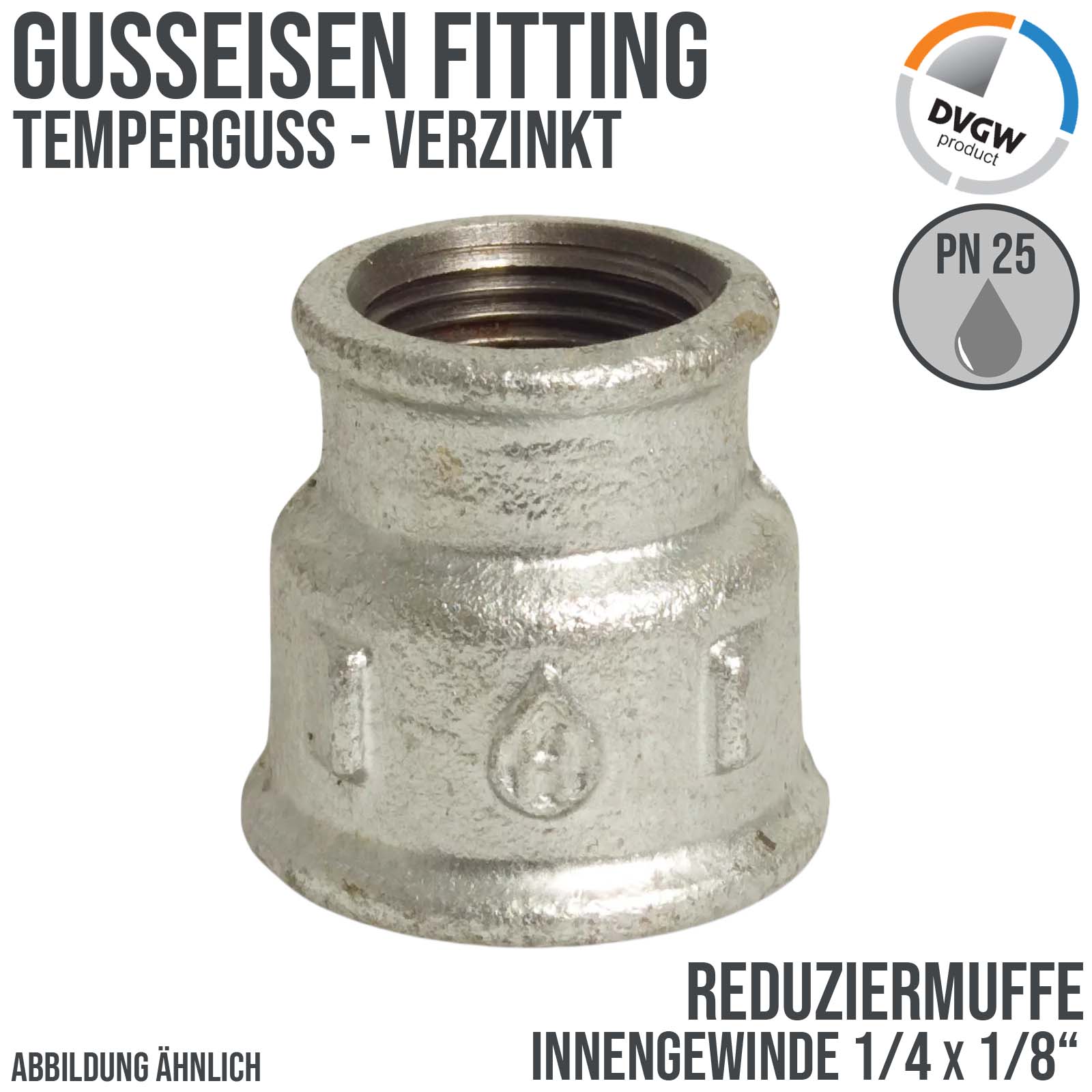 1/4" x 1/8" Gusseisen Temperguss Reduziermuffe Innengewinde IG PN 25 bar