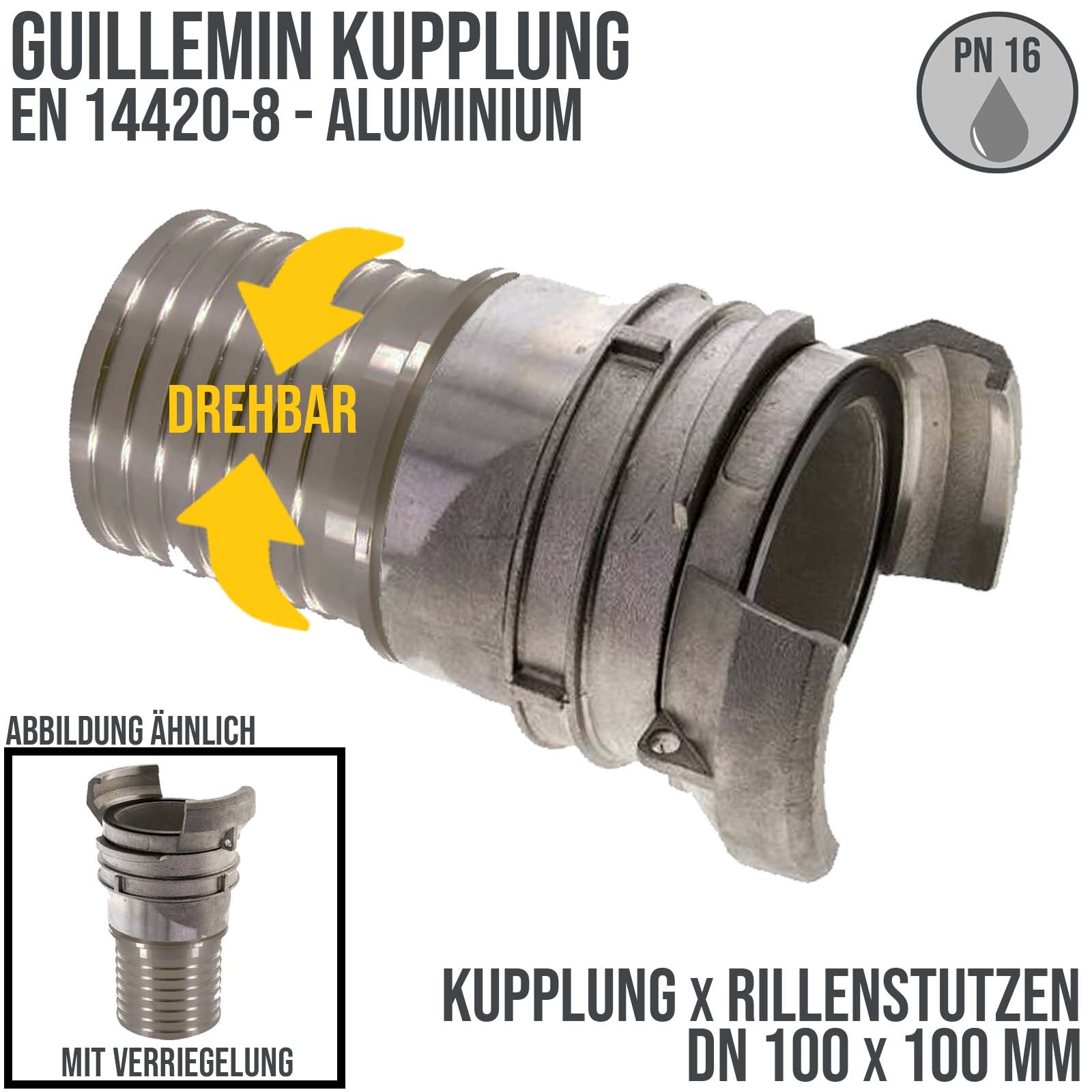 DN 100 Guillemin Kupplung Verriegelung Rillen Stutzen Tülle 100 mm drehbar Sicherungsbund Aluminium - PN 16 bar