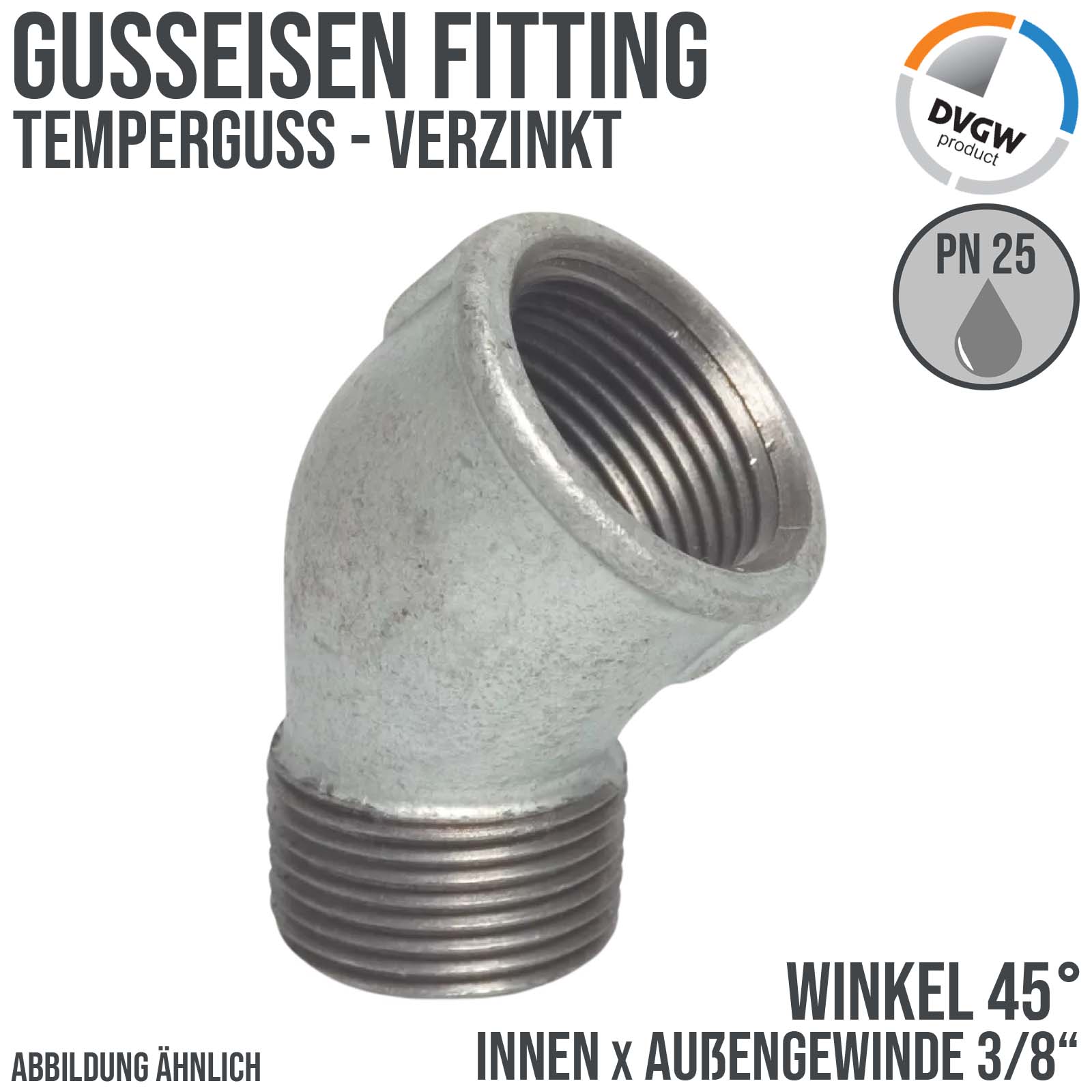 3/8" Gusseisen Temperguss Fitting Winkel 45° Innen x Außengewinde IG x AG DVGW PN 25 bar