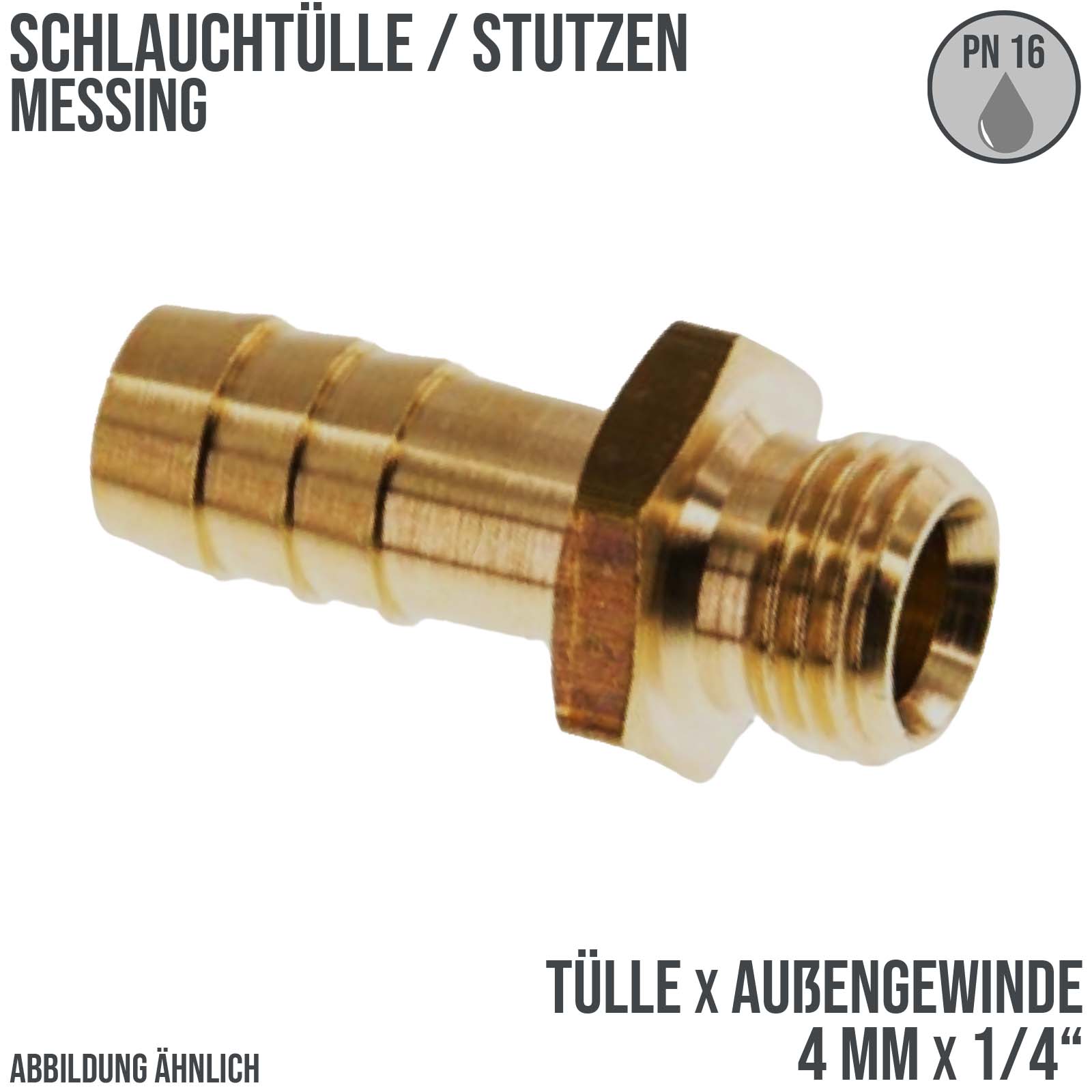 4 mm x 1/4" Zoll Schlauch Tülle Stutzen Außengewinde AG Nippel Messing Fittings - PN 16 bar