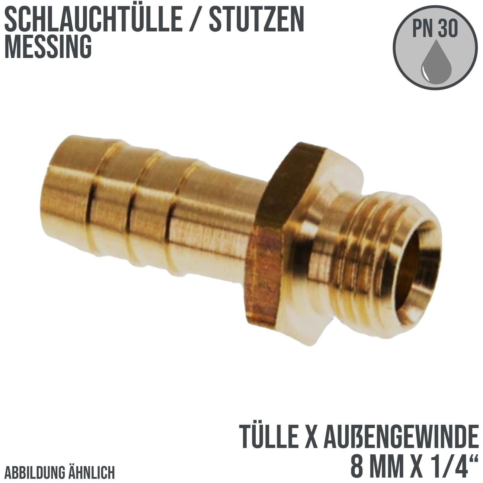 8 mm x 1/4" Zoll Schlauch Tülle Stutzen Außengewinde AG Nippel Messing Fittings - PN 30 bar