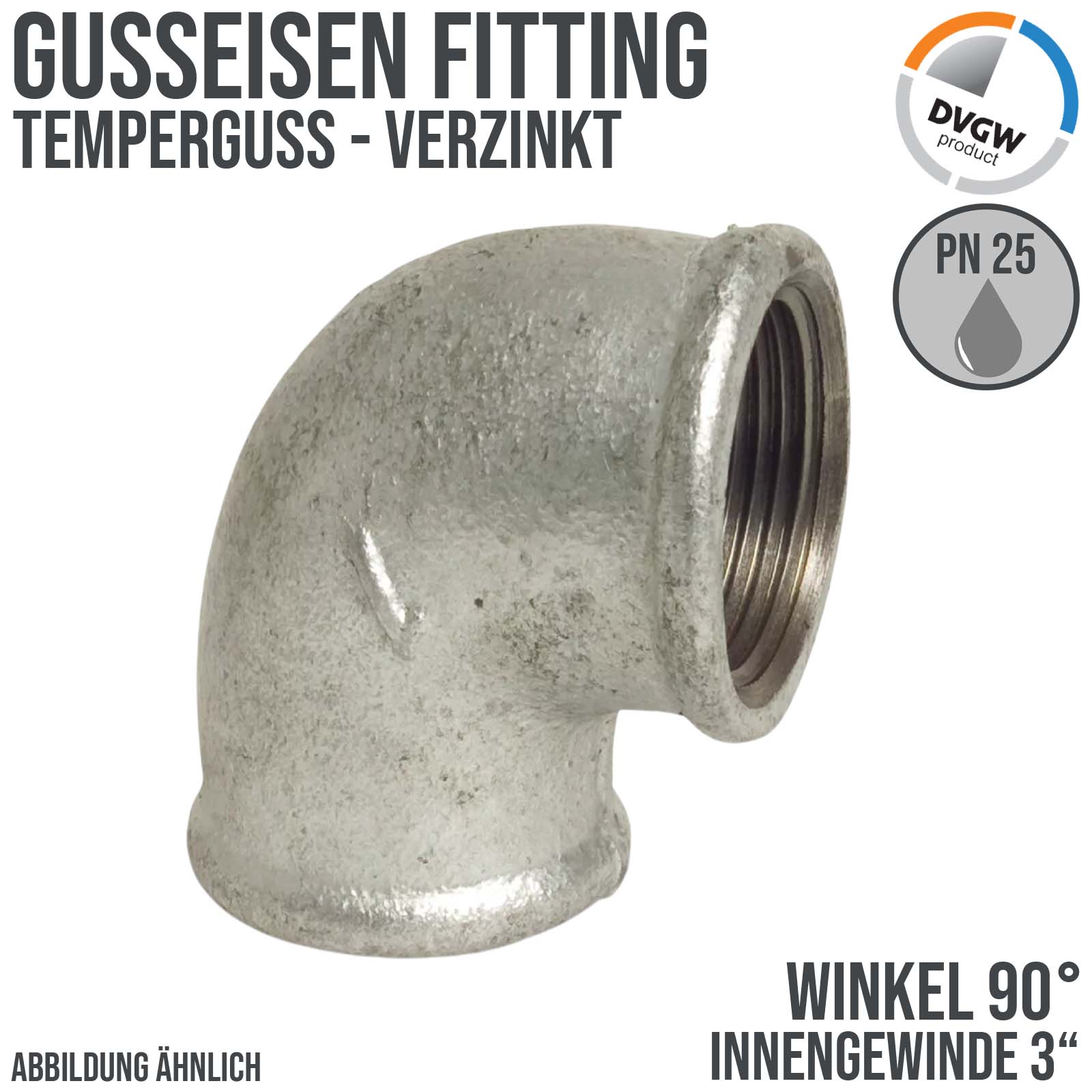 3" Gusseisen Temperguss Fitting Winkel 90° Innengewinde IG DVGW PN 25 bar