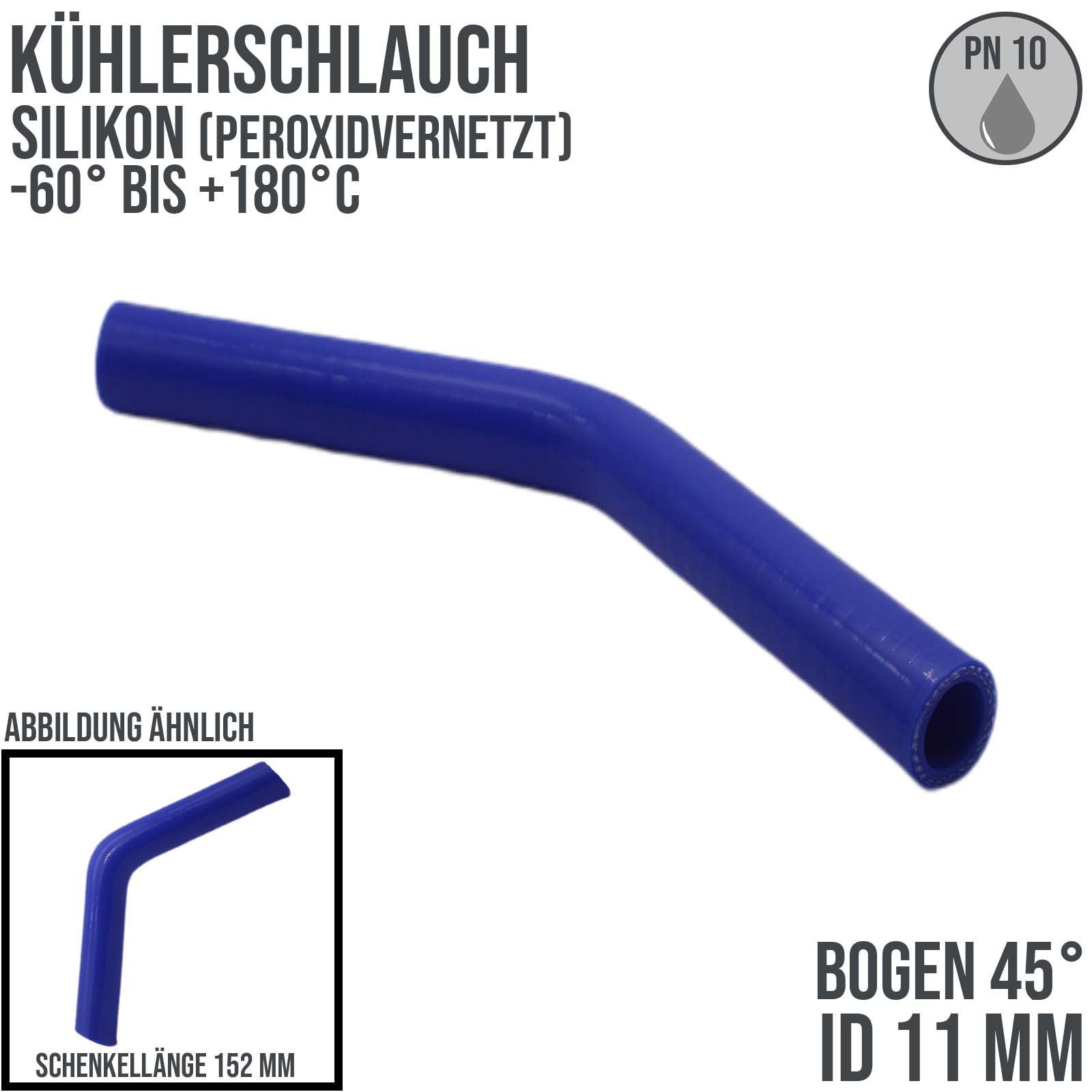 11 x 19 mm Kühlerschlauch Silikon Bogen 45° LLK Ladeluft Kühlmittel Schlauch blau (10 bar) - 152 mm