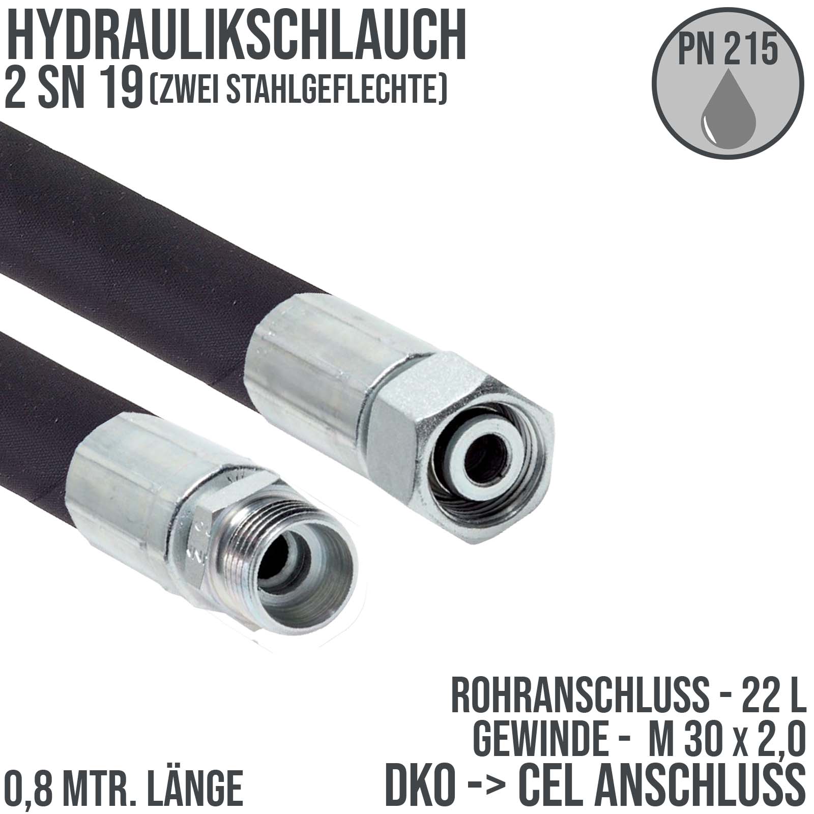 Hydraulikschlauch DN 19 2SN19 - 22 L DKO (IG) auf CEL (AG) Anschluss (M 30 x 2,0) - 800 mm