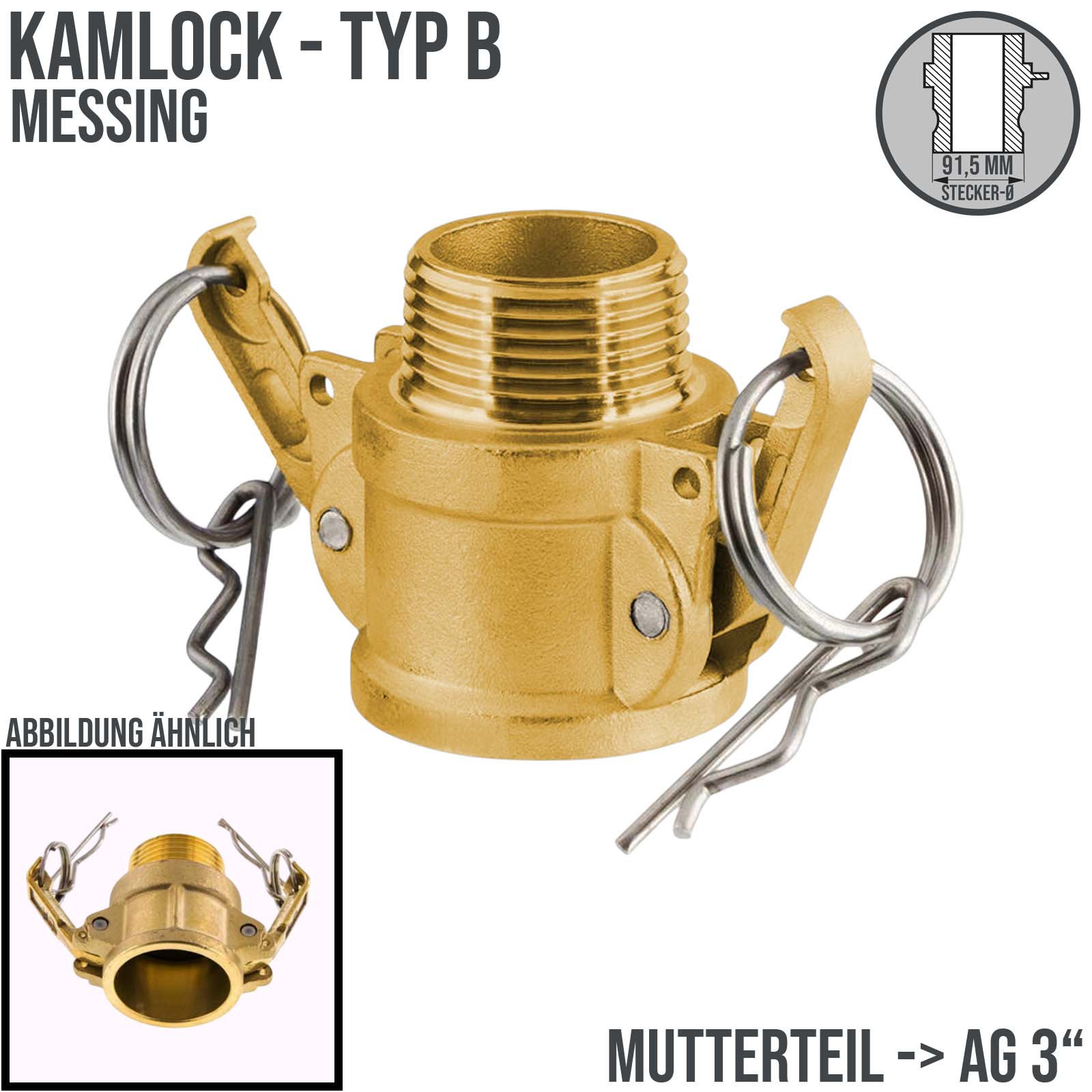 Kamlock Typ B - Mutterteil (91,5 mm) Messing MS mit Außengewinde (AG) 3" Zoll DN75 DN80 - PN 8,5 bar