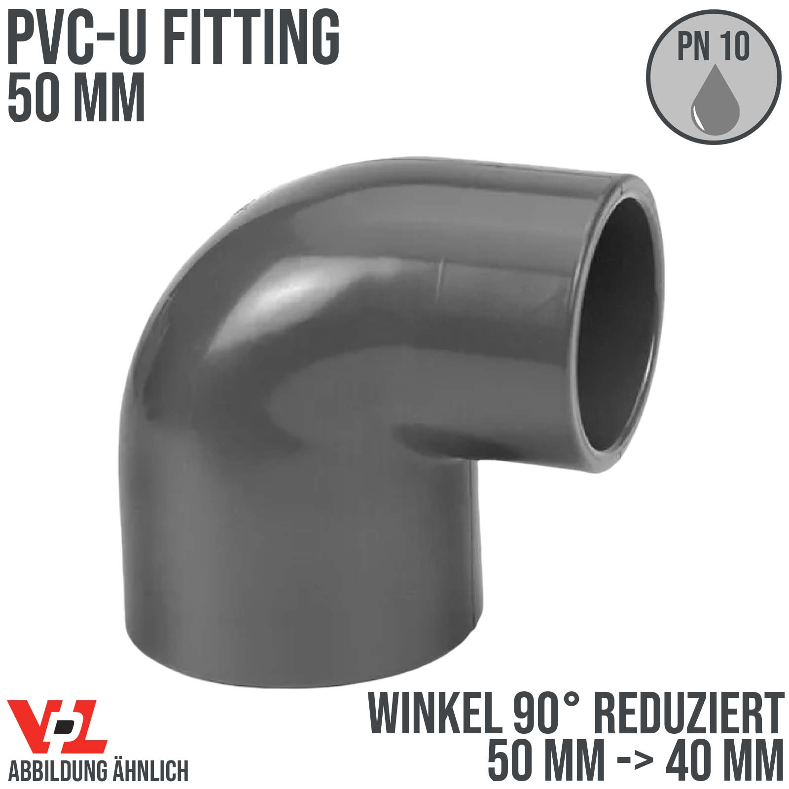 50 mm VDL PVC Klebe Fitting Winkel 90° reduziert 50 x 40 mm - PN 10 bar