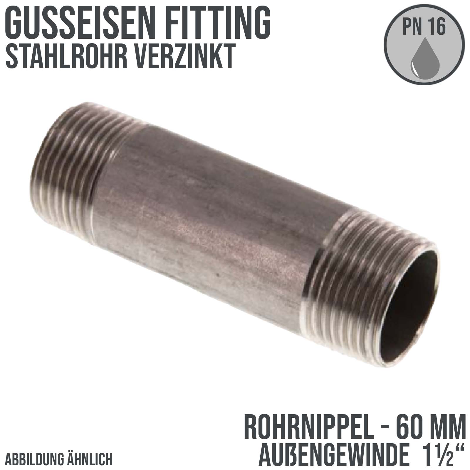 1 1/2" Rohrnippel Stahl verzinkt 60 mm Außen x Außengewinde AG Fittings - PN 16 bar