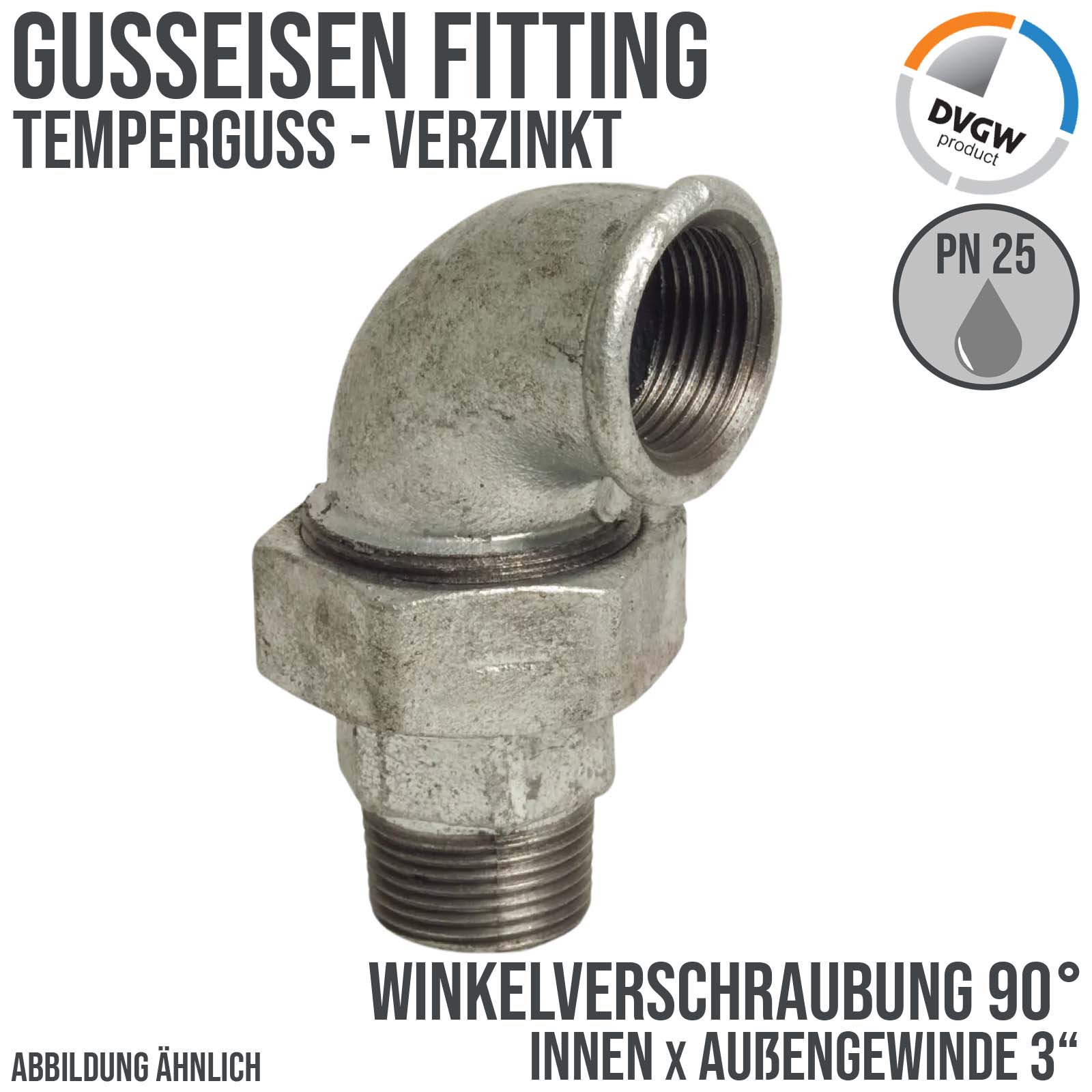 3" Gusseisen Temperguss Fitting Winkelverschraubung 90° Innen x Außengewinde IG x AG DVGW PN 25 bar