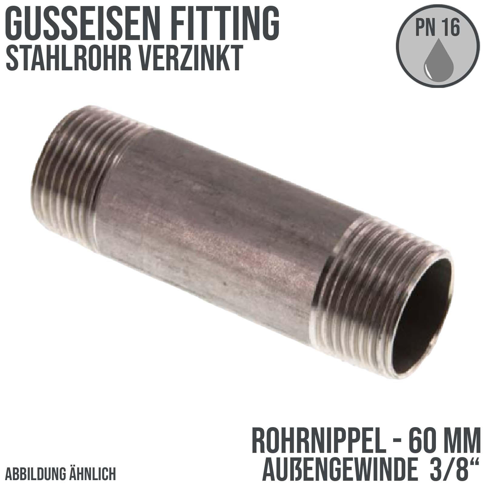 3/8" Rohrnippel Stahl verzinkt 60 mm Außen x Außengewinde AG Fittings - PN 16 bar