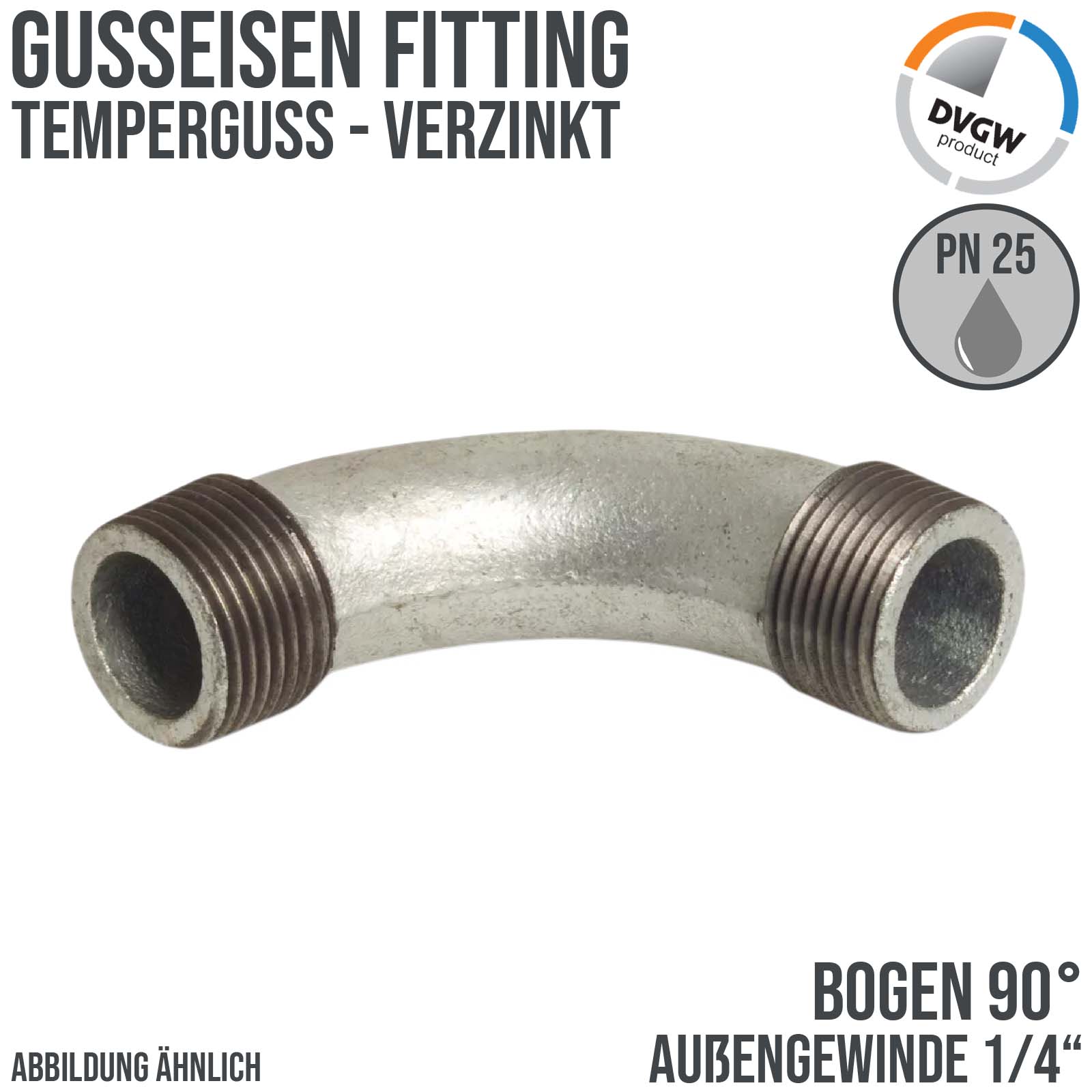 1/4" Gusseisen Temperguss Fitting Bogen 90° Außengewinde AG DVGW PN 25 bar