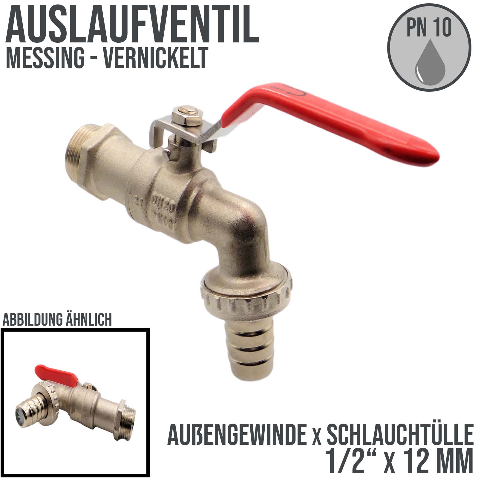 1/2" Messing Auslauf Kugel Wasser Hahn Ventil Aussengewinde Tülle 12mm - PN 10 bar