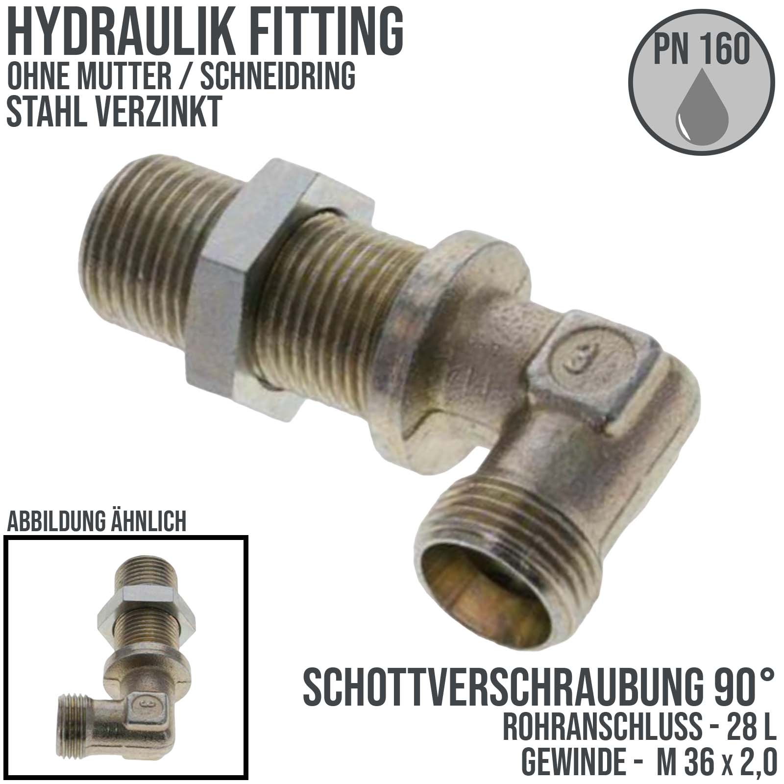 Hydraulik Verschraubung Winkel 90° Schott Verschraubung 28 L (M 36 x2,0) AG ohne Mutter / Schneidring