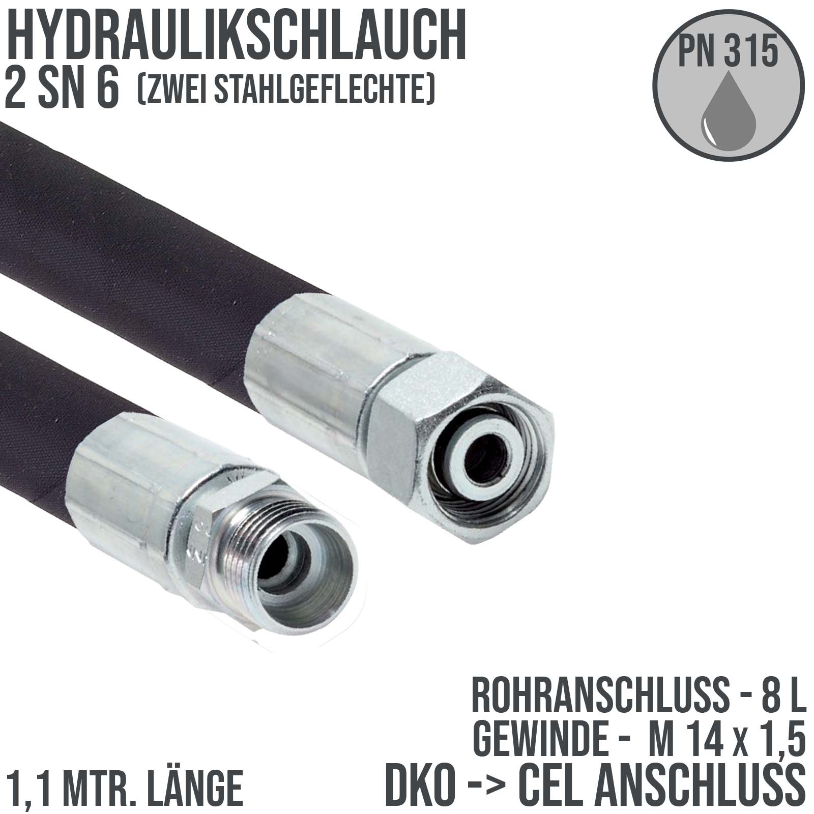 Hydraulikschlauch DN 6 2SN6 - 8 L DKO (IG) auf CEL (AG) Anschluss (M 14 x 1,5) - 1100 mm