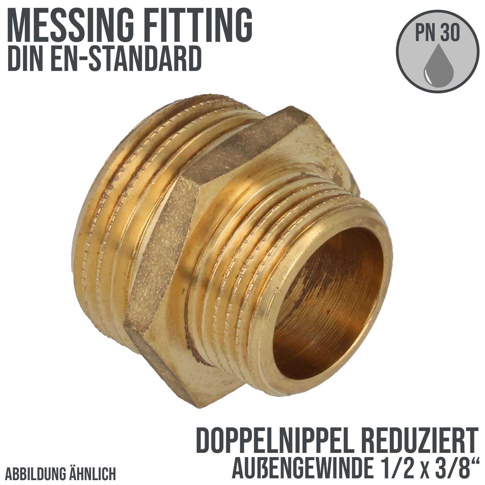 1/2 "x 3/8" Doppel Nippel Reduktion Aussen x Aussengewinde AG Messing Fittings PN 30 bar